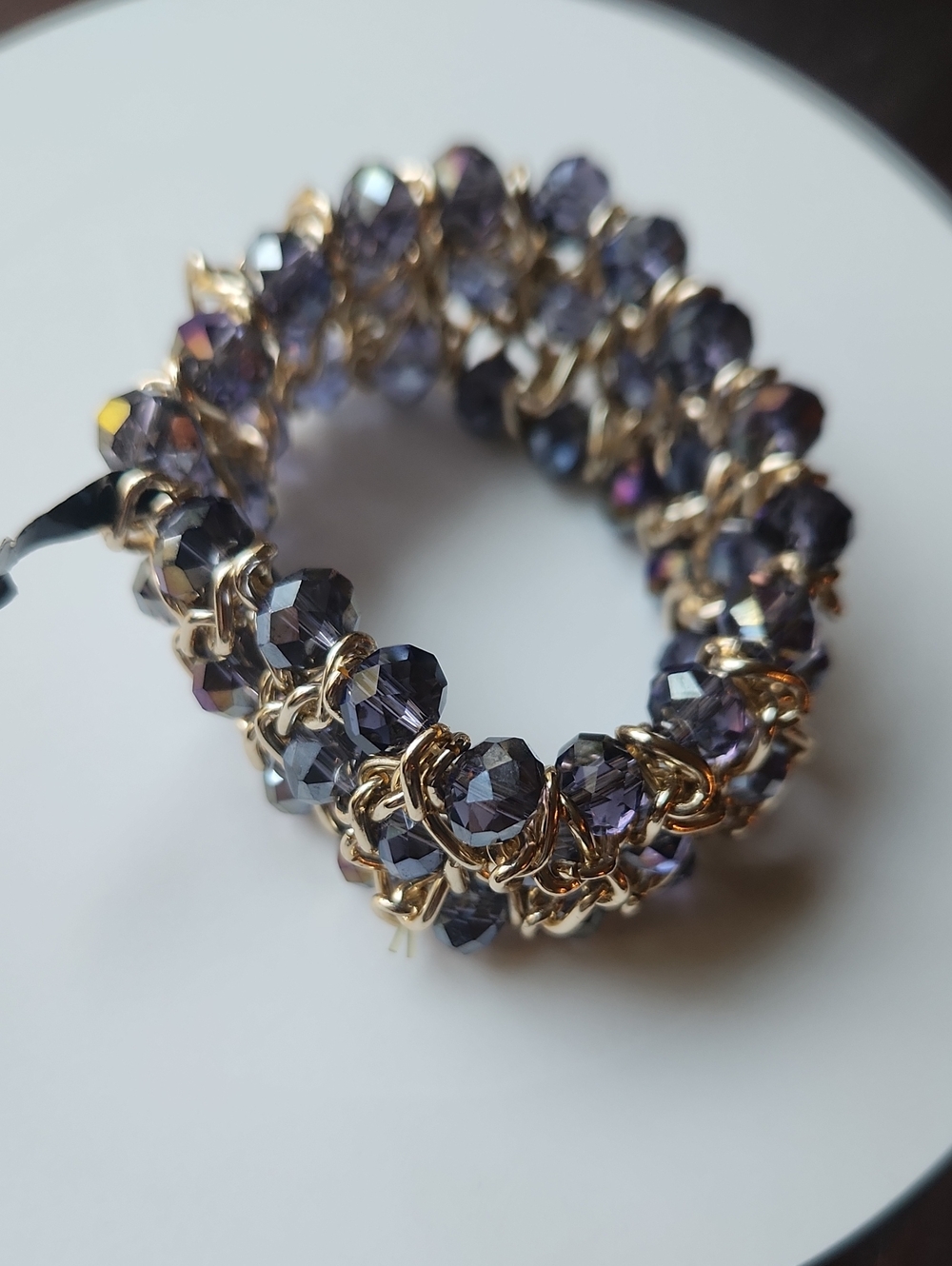 Gold Stretchy Bracelet with Purple/Blue Faceted Beads